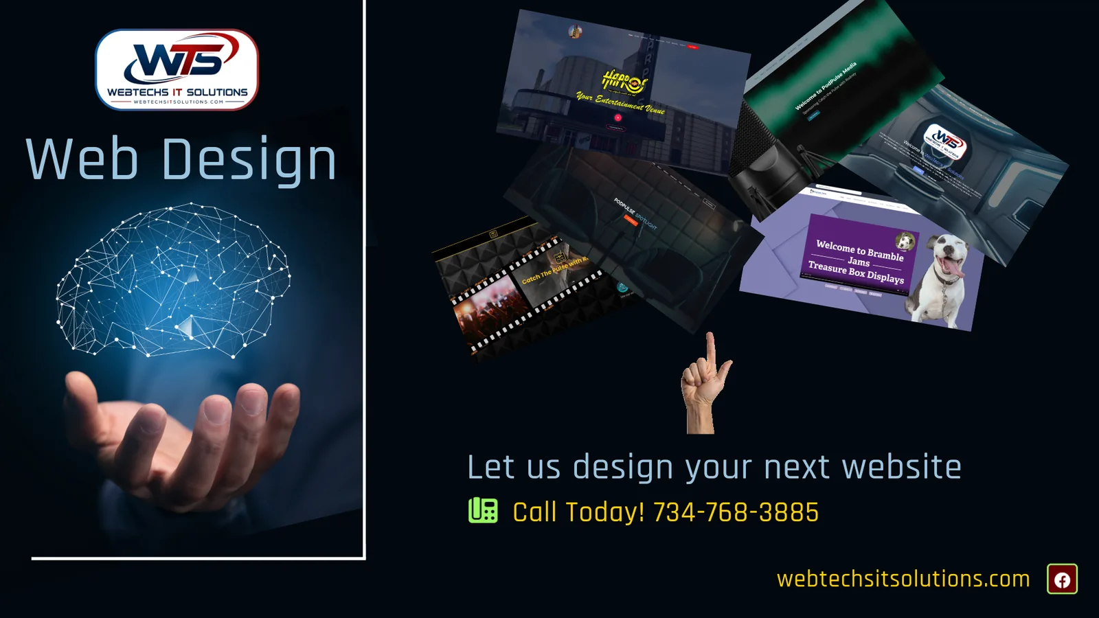 Sample of recent WebTechs IT Solutions website projects, including Harpo's Entertainment Venue, PodPulse Media, and Bramble Jams Treasure Box Displays